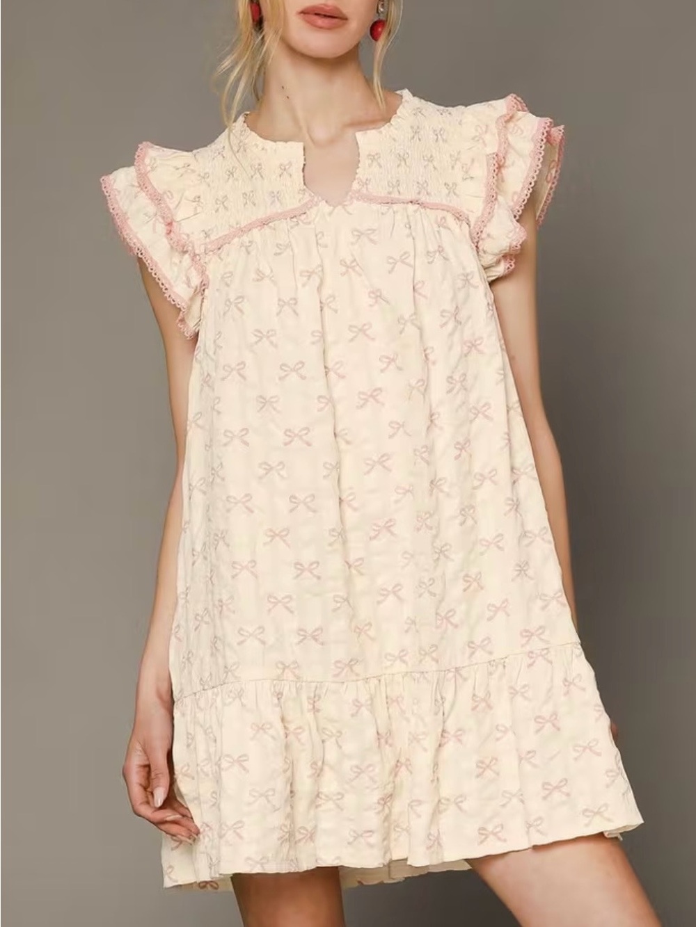 Umgee Cream Babydoll Dress with Pink Bow Accents